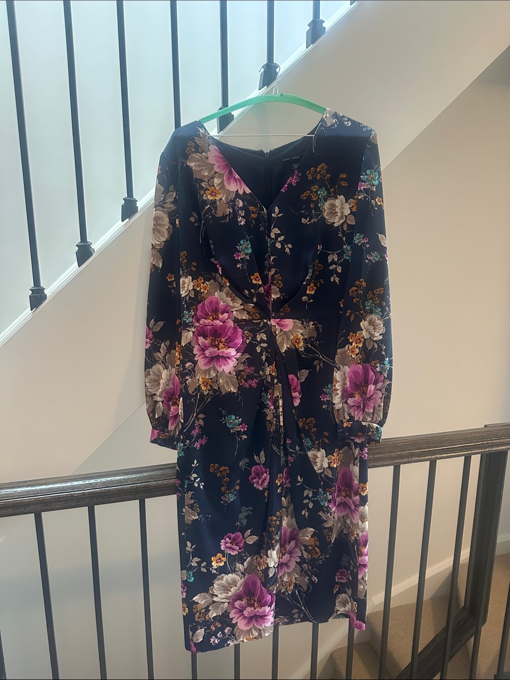 Maggy London Black Floral Wrap Midi Dress with Pink Blooms